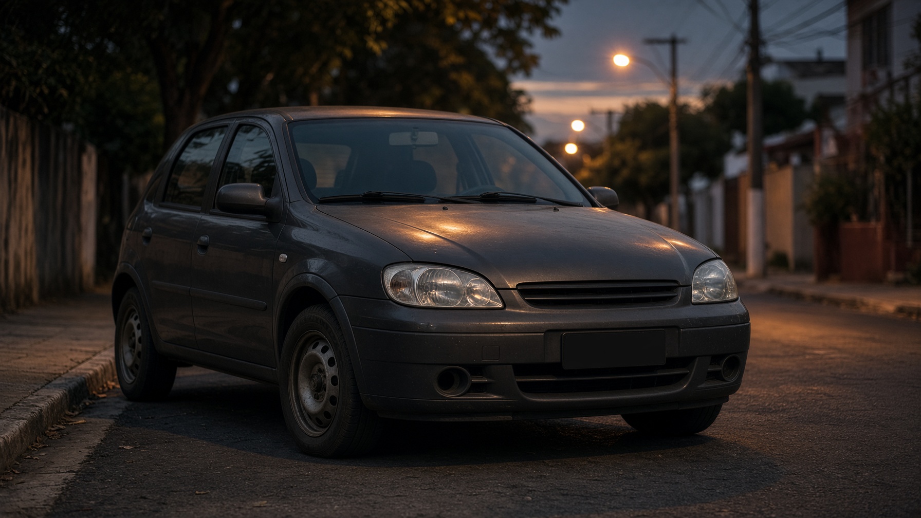 Hatchback usado em rua brasileira ao anoitecer